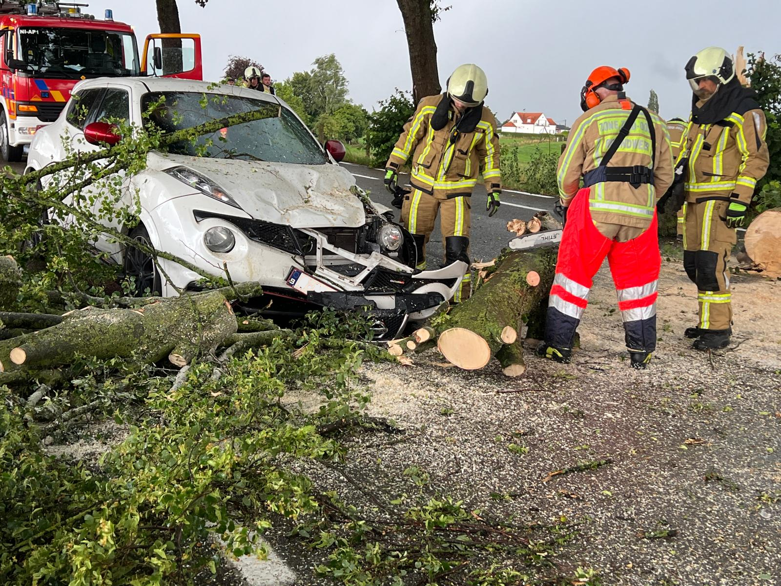 Boom valt op wagen tijdens stormweer